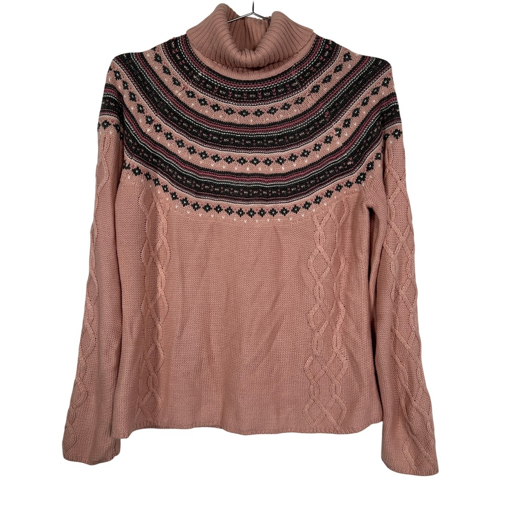 Vintage Northern Reflections Pink Fair Isle Yoke Cable Knit Turtleneck Sweater L